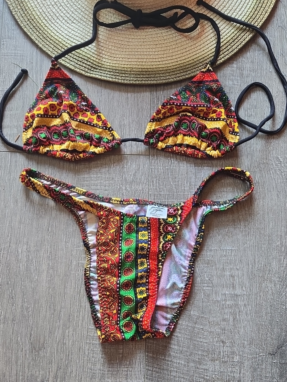 Jamaica Colorful Bohemian Print Triangle Bikini - Yellow Multi. Small